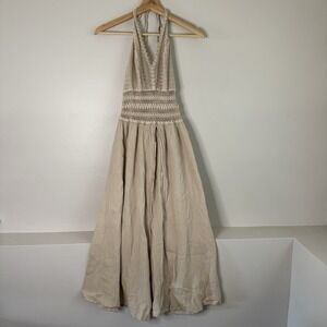 SEASPICE RESORT WEAR Arabella High Split Midi Halter Dress M Peruvian Cotton